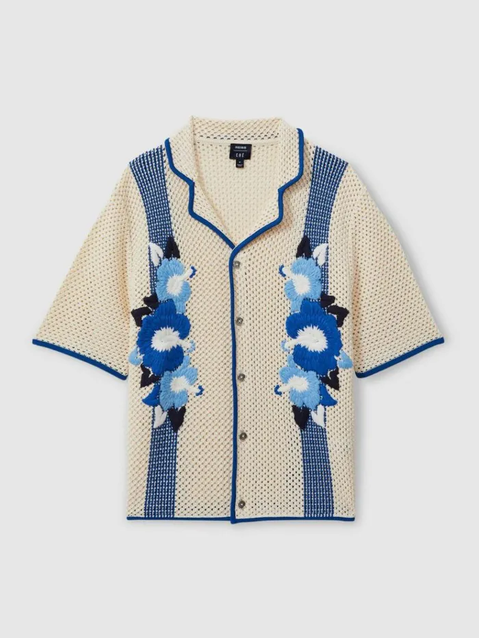 REISS Shirts Men Ch OpenStitch Jacquard Cuban Collar Shirt Ecrublue