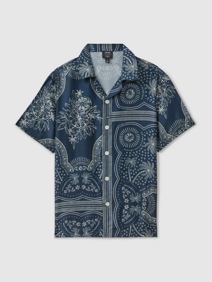 REISS Shirts Men Ch Printed Cuban Collar Shirt Navywhite