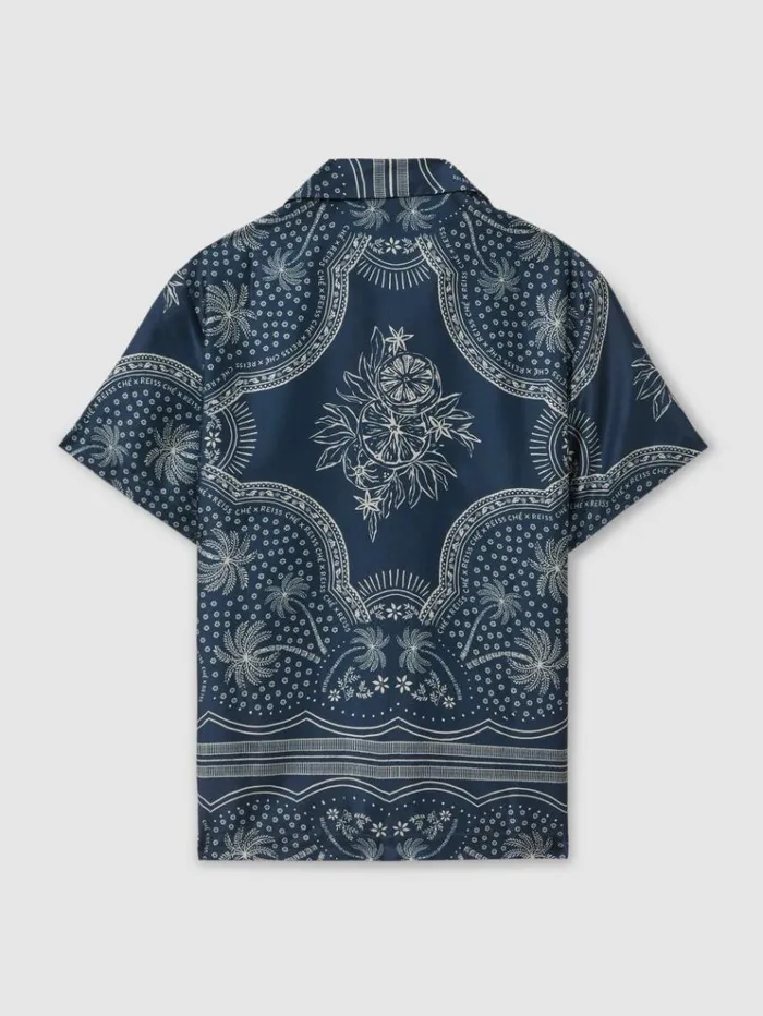 REISS Shirts Men Ch Printed Cuban Collar Shirt Navywhite