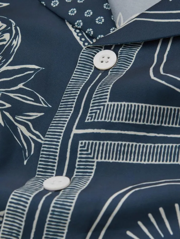 REISS Shirts Men Ch Printed Cuban Collar Shirt Navywhite