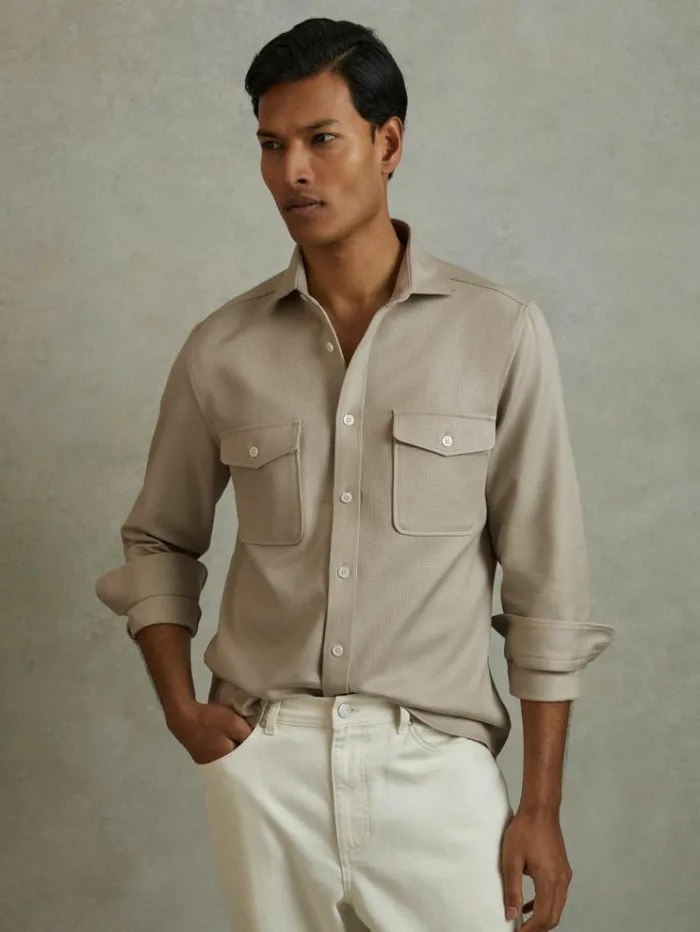 REISS Shirts Men Cotton Canvas Overshirt Stone