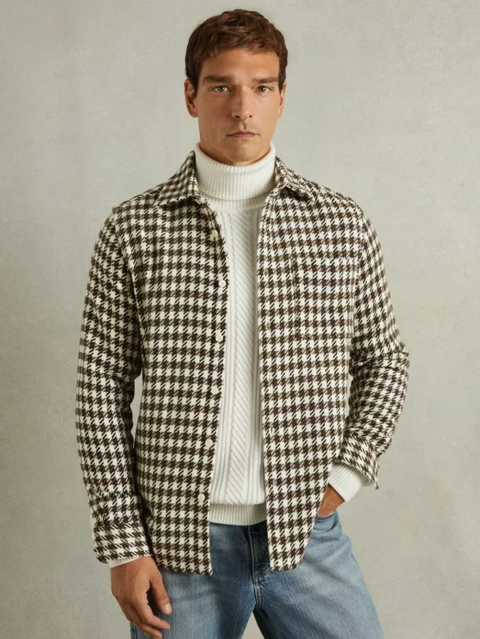 REISS Shirts Men Dogtooth Overshirt With Wool Whitebrown