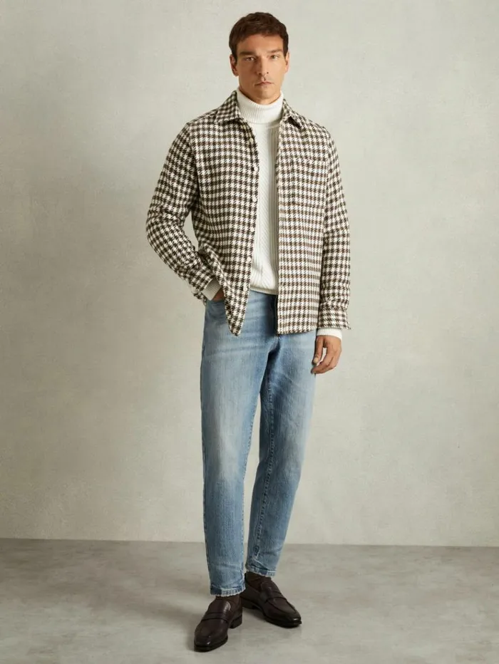 REISS Shirts Men Dogtooth Overshirt With Wool Whitebrown