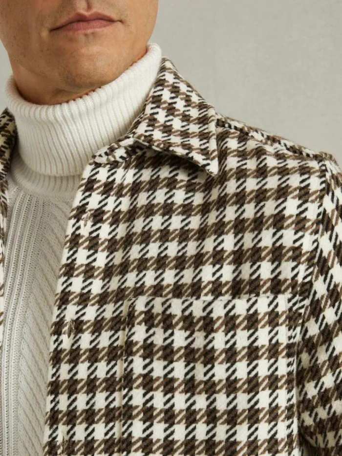 REISS Shirts Men Dogtooth Overshirt With Wool Whitebrown