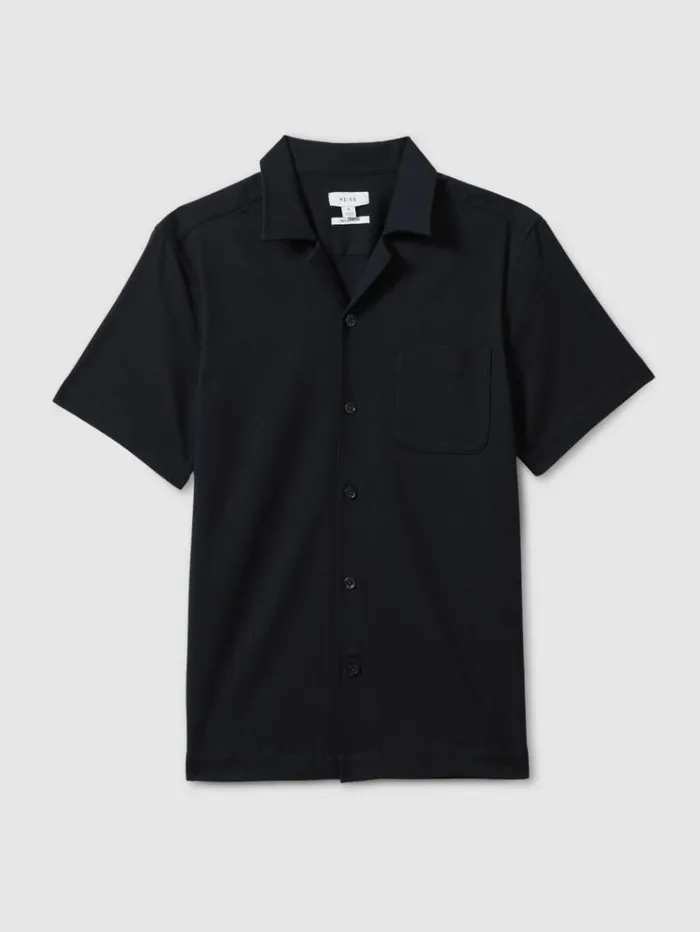 REISS Shirts Men Herringbone Cuban Collar Shirt Navy