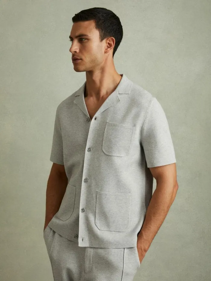 REISS Shirts Men Knitted Cuban Collar Shirt Soft Grey Melange