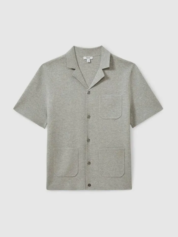 REISS Shirts Men Knitted Cuban Collar Shirt Soft Grey Melange