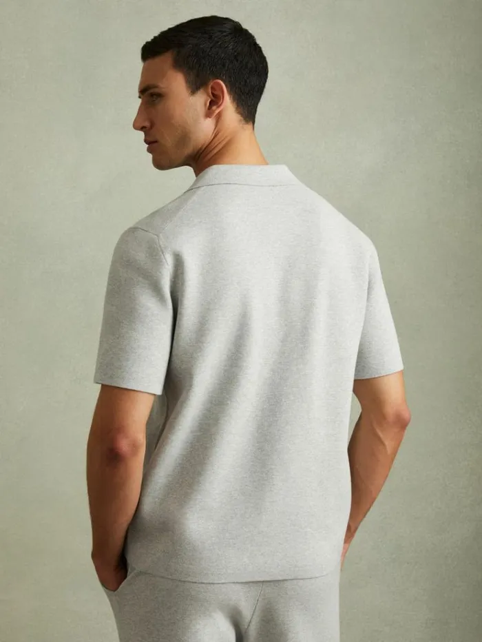 REISS Shirts Men Knitted Cuban Collar Shirt Soft Grey Melange