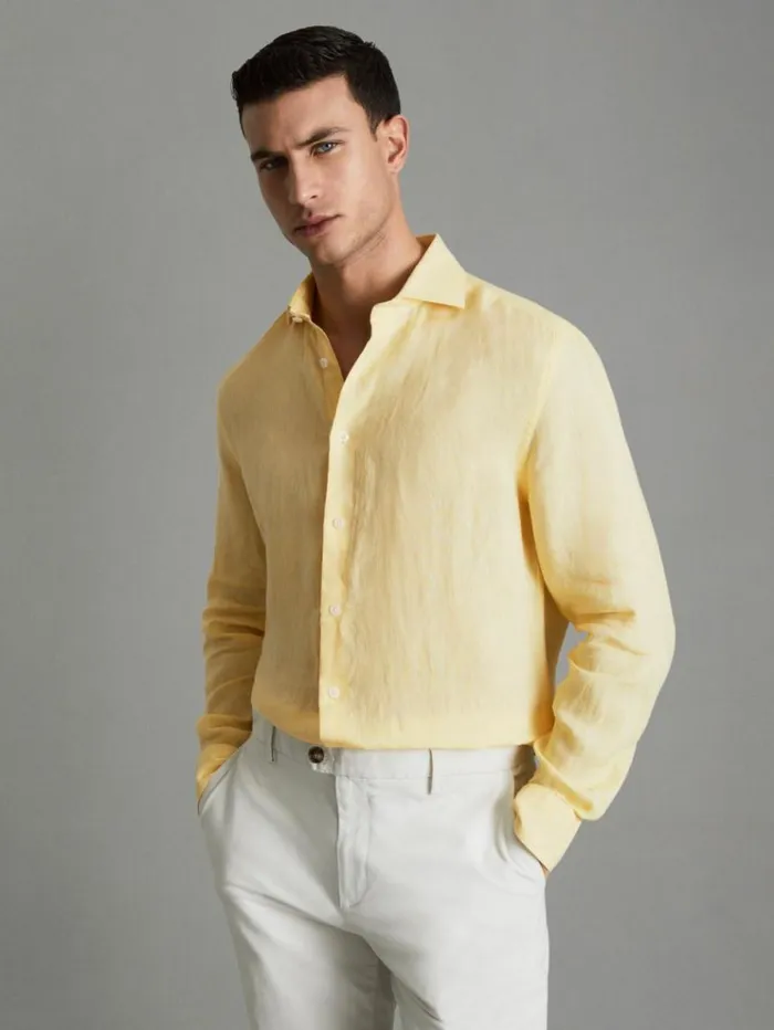REISS Shirts Men Linen Button Through Shirt Melon