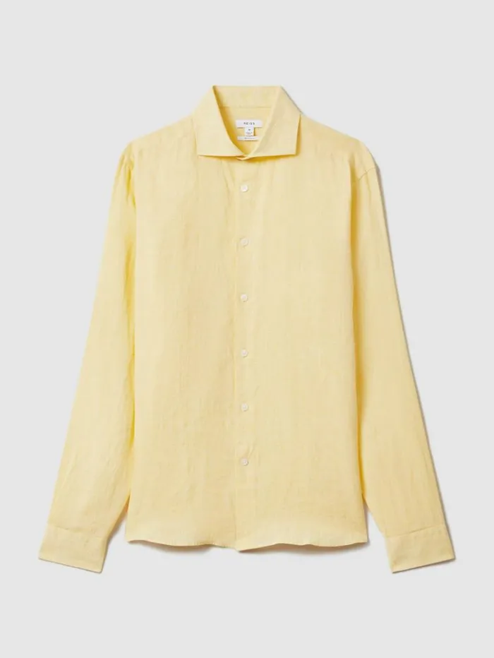 REISS Shirts Men Linen Button Through Shirt Melon