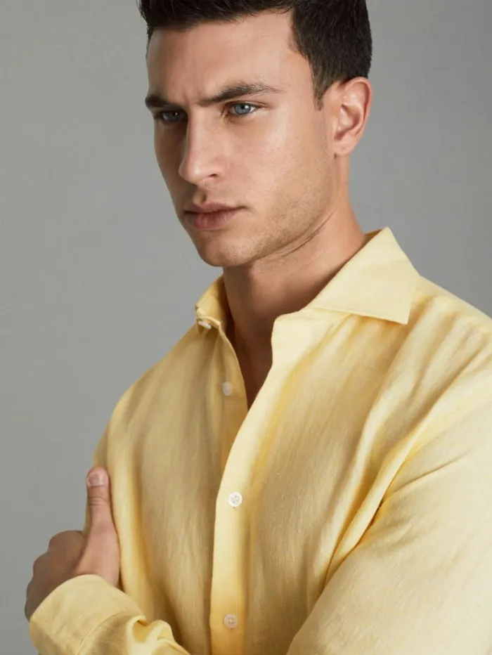 REISS Shirts Men Linen Button Through Shirt Melon
