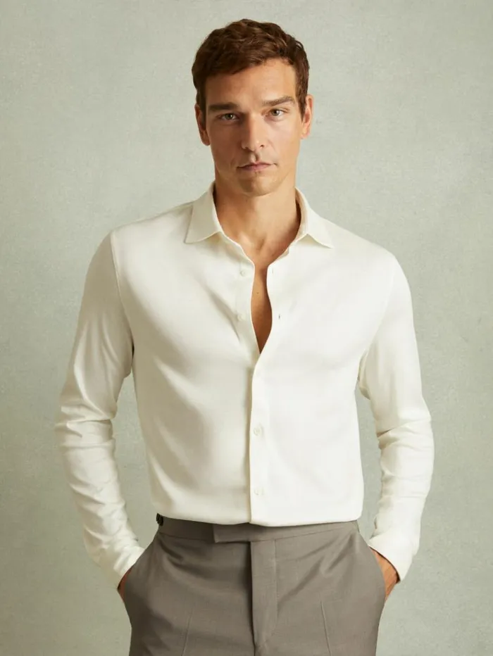 REISS Shirts Men Mercerised Cotton Jersey Shirt Ecru