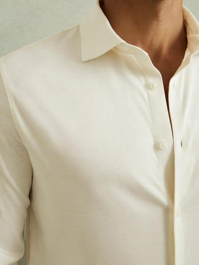 REISS Shirts Men Mercerised Cotton Jersey Shirt Ecru
