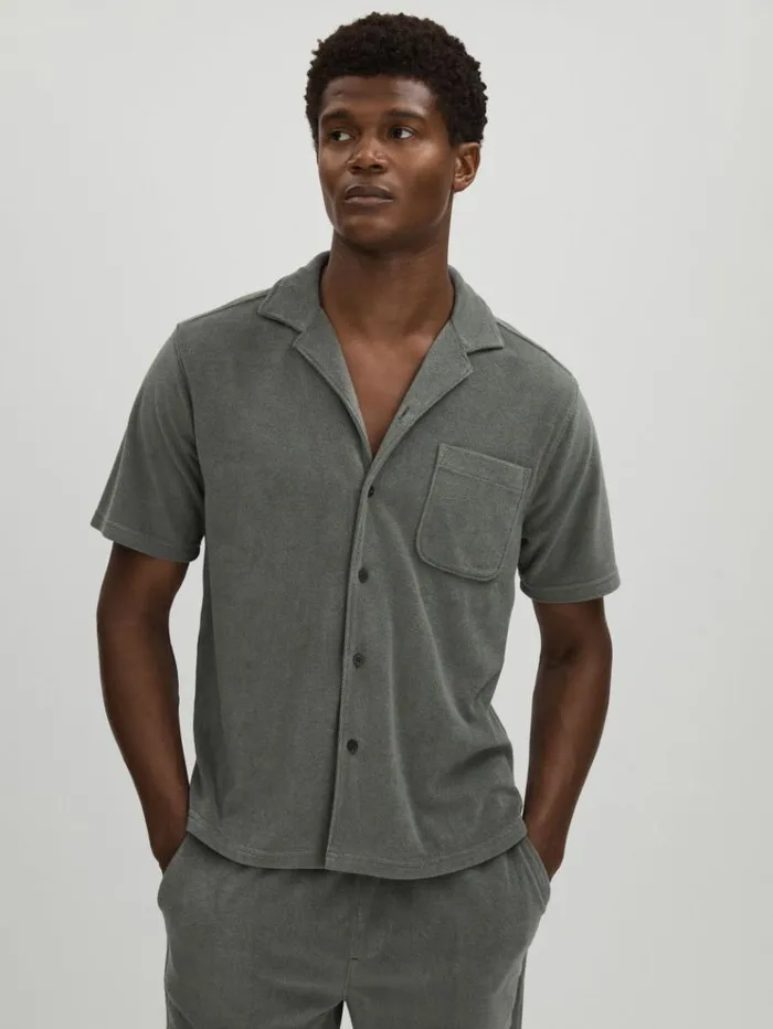 REISS Shirts Men Paige Terry Cuban Collar Shirt Grey