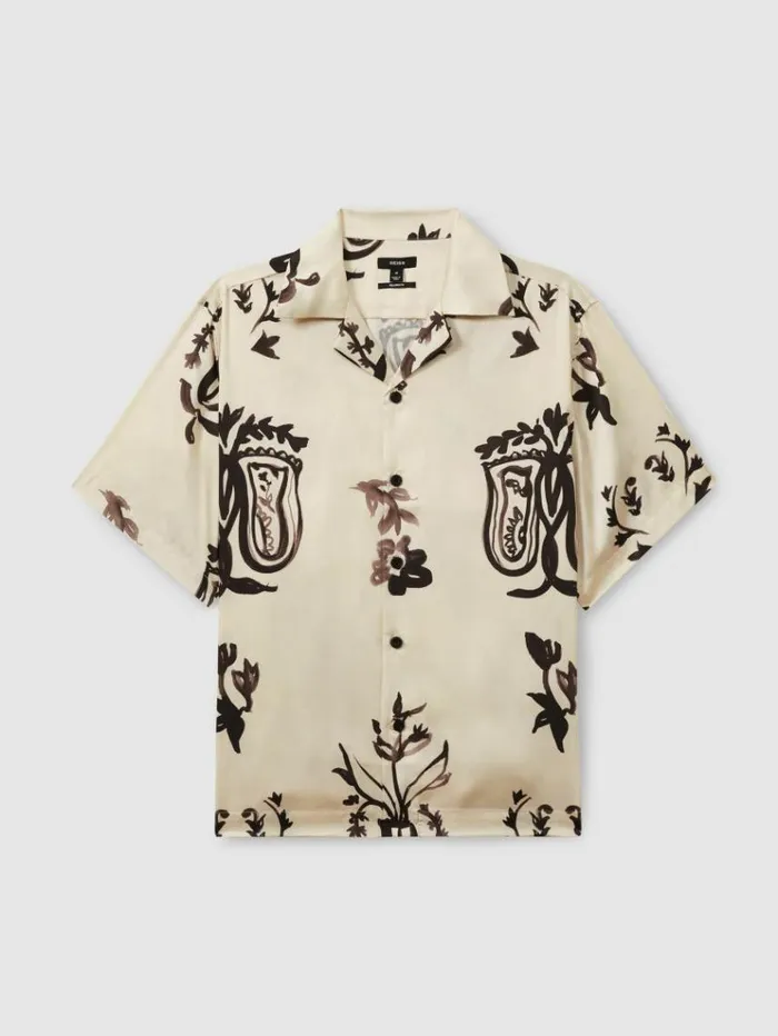 REISS Shirts Men Relaxed Floral Print Cuban Collar Shirt Off Whiteblack