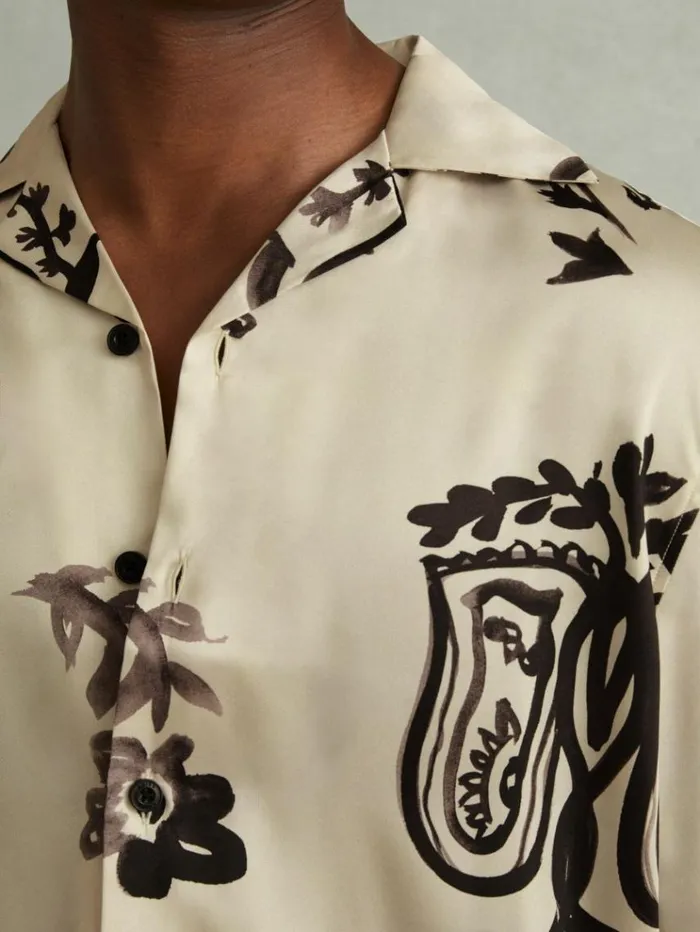 REISS Shirts Men Relaxed Floral Print Cuban Collar Shirt Off Whiteblack