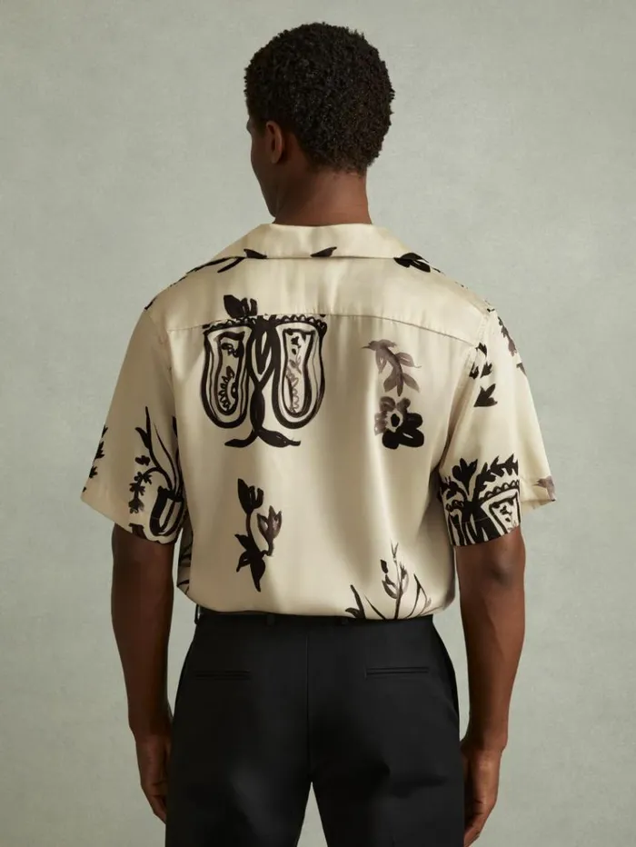 REISS Shirts Men Relaxed Floral Print Cuban Collar Shirt Off Whiteblack