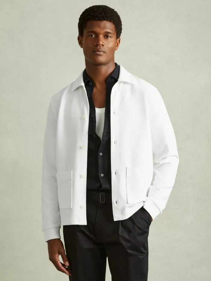 REISS Shirts Men Ribbed Cotton Blend Knitted Overshirt Off White
