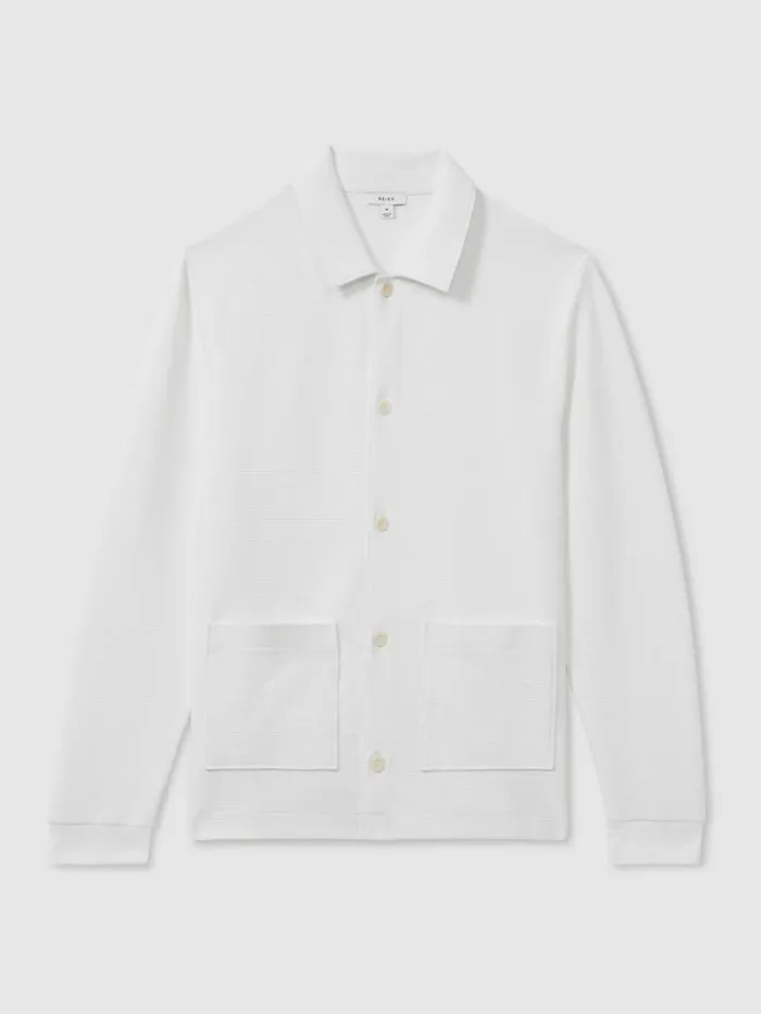 REISS Shirts Men Ribbed Cotton Blend Knitted Overshirt Off White