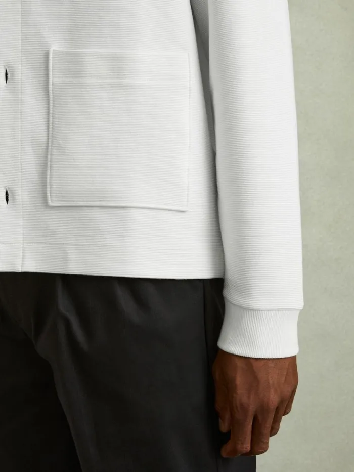 REISS Shirts Men Ribbed Cotton Blend Knitted Overshirt Off White