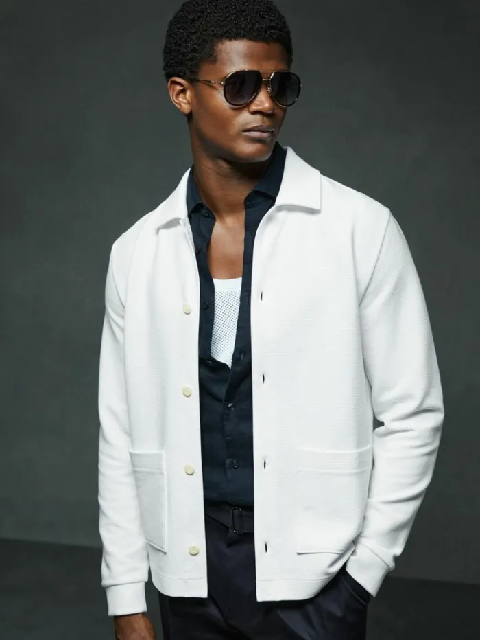 REISS Shirts Men Ribbed Cotton Blend Knitted Overshirt Off White