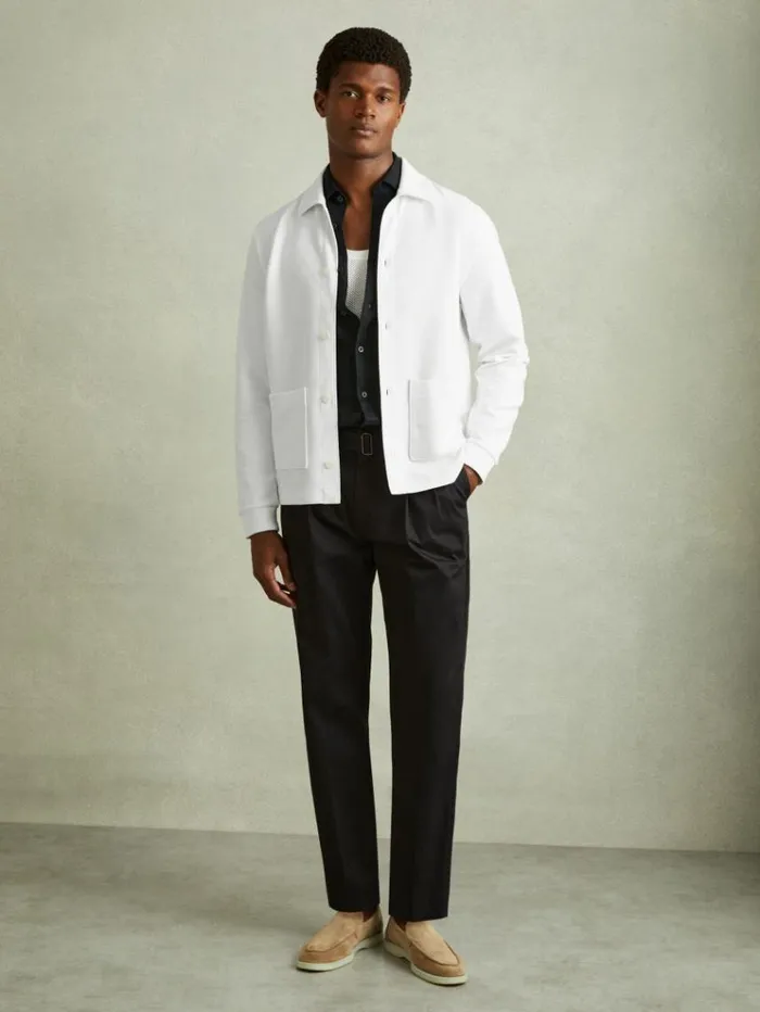 REISS Shirts Men Ribbed Cotton Blend Knitted Overshirt Off White