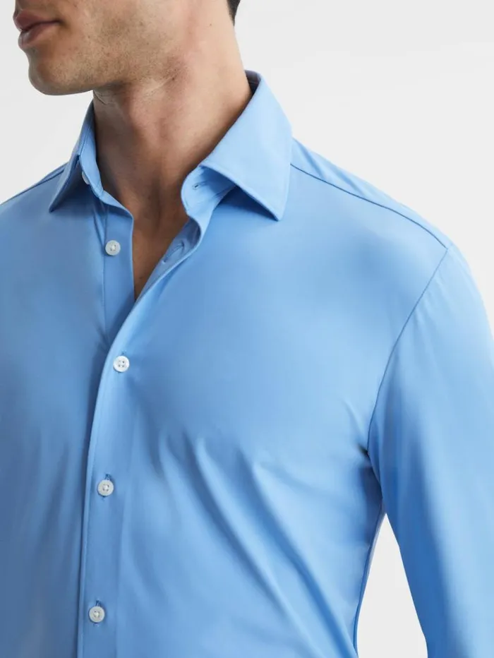 REISS Shirts Men Slim Fit ButtonThrough Travel Shirt Soft Blue