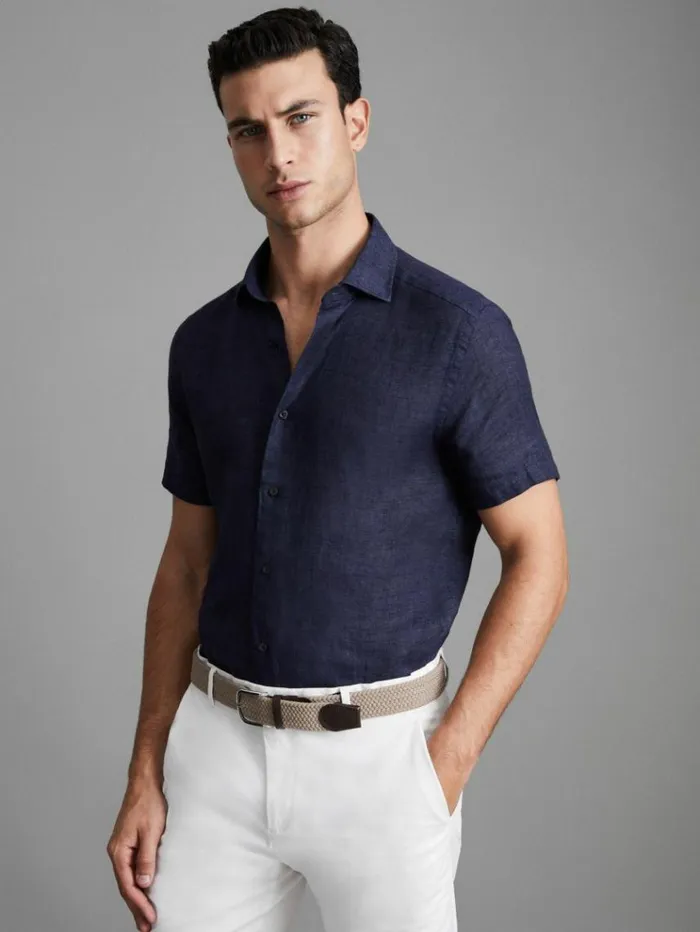 REISS Shirts Men Slim Fit Linen ButtonThrough Shirt Navy