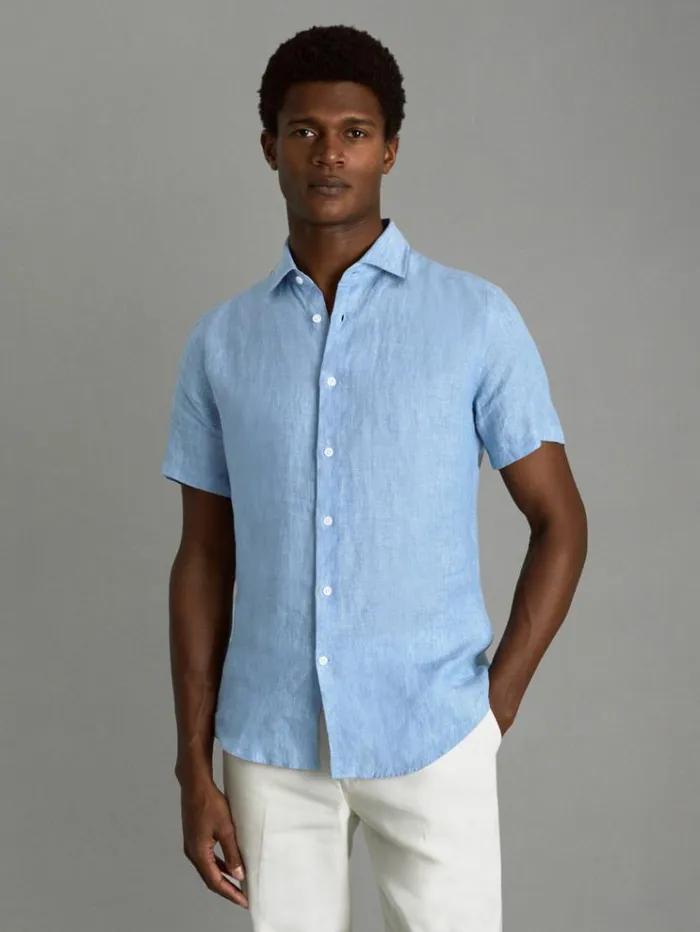 REISS Shirts Men Slim Fit Linen Shirt Sky Blue