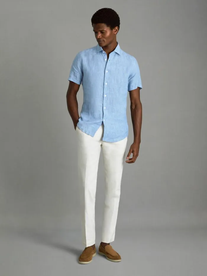 REISS Shirts Men Slim Fit Linen Shirt Sky Blue