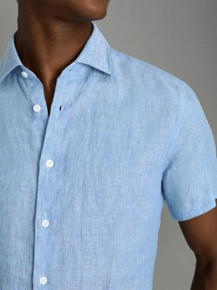 REISS Shirts Men Slim Fit Linen Shirt Sky Blue