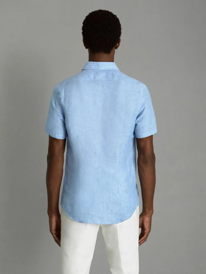 REISS Shirts Men Slim Fit Linen Shirt Sky Blue