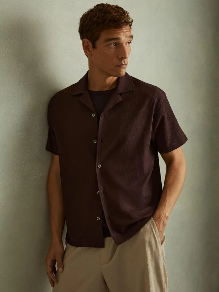 REISS Shirts Men Textured Crepe Cuban Collar Shirt Bordeaux