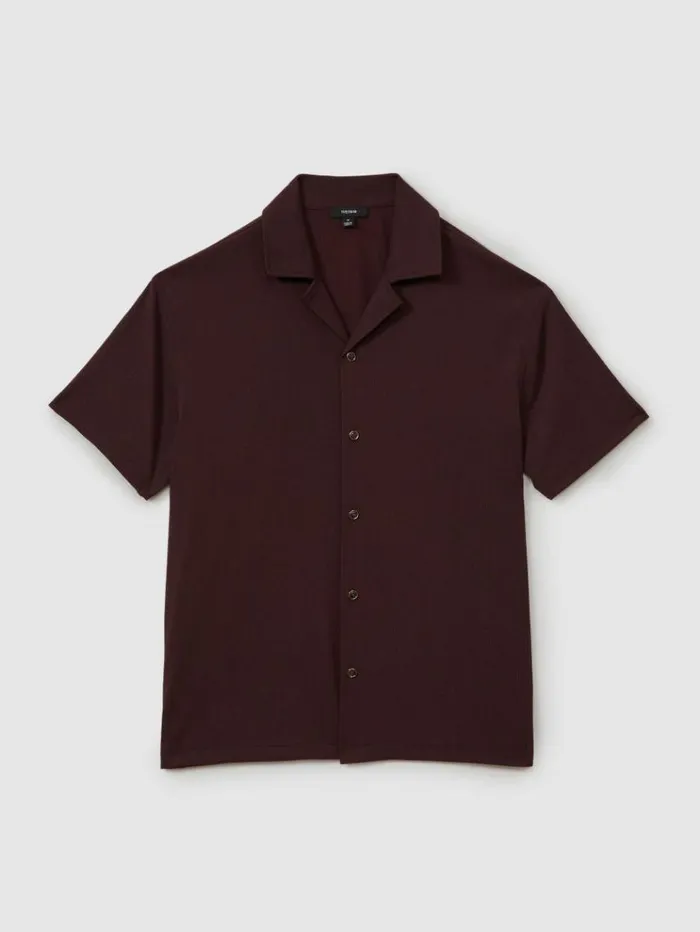 REISS Shirts Men Textured Crepe Cuban Collar Shirt Bordeaux