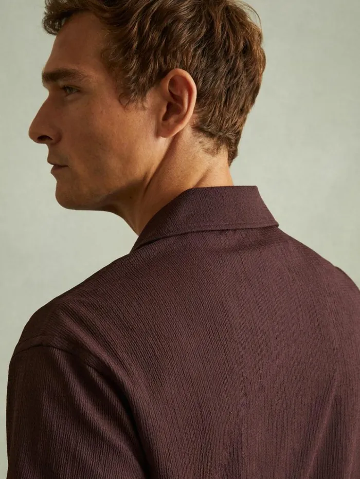 REISS Shirts Men Textured Crepe Cuban Collar Shirt Bordeaux