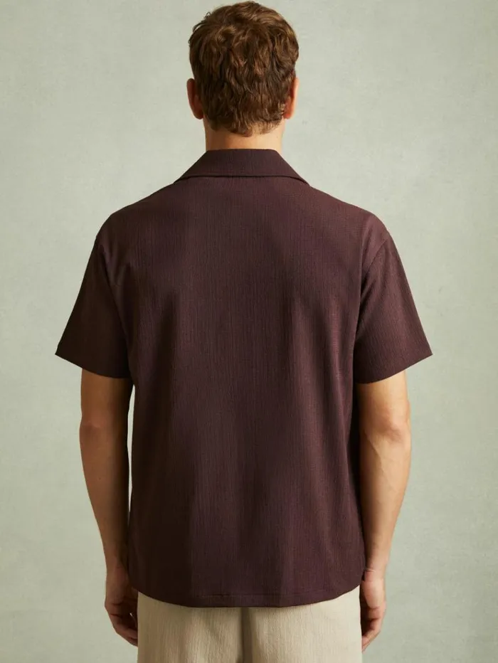 REISS Shirts Men Textured Crepe Cuban Collar Shirt Bordeaux