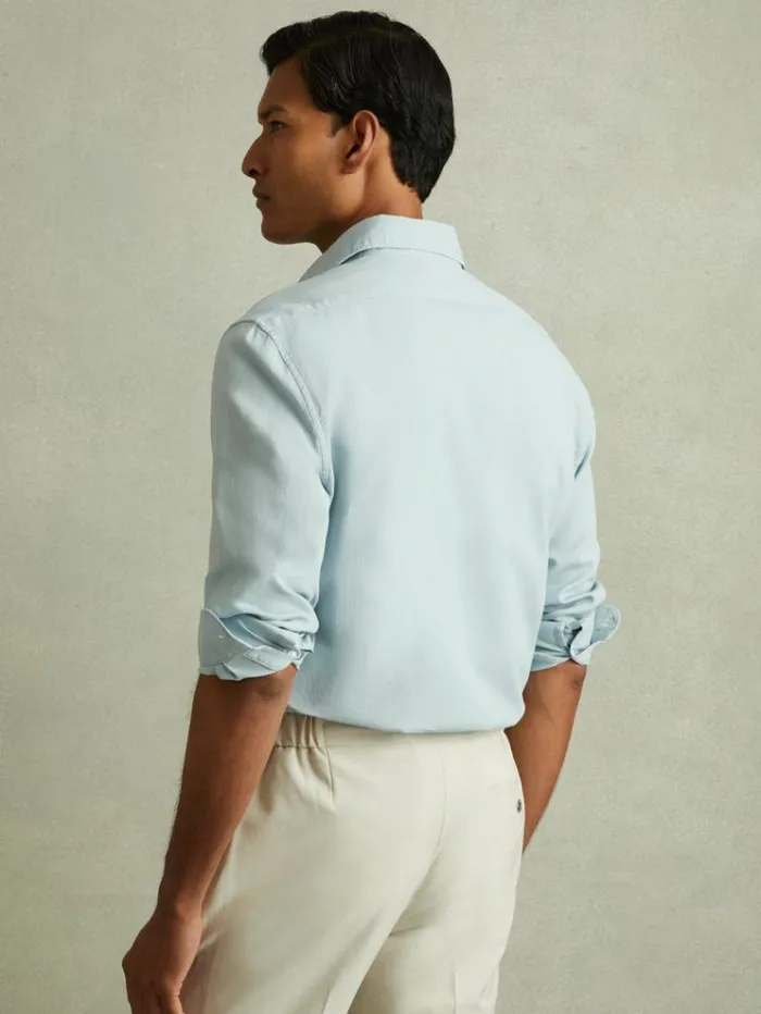 REISS Shirts Men Textured Garment Dyed ButtonThrough Shirt Soft Blue