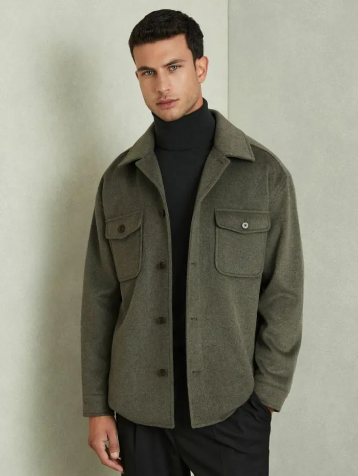 REISS Shirts Men Wool Blend Melton Overshirt Green Smoke