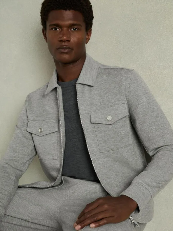 REISS Shirts Men Zipped InterlockJersey Overshirt Grey Melange