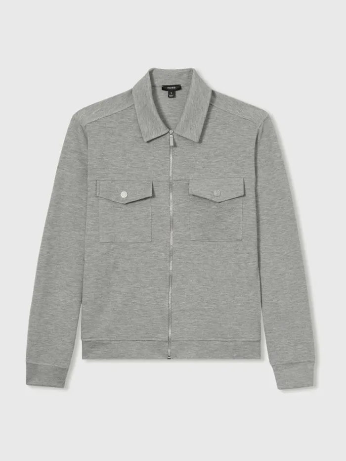 REISS Shirts Men Zipped InterlockJersey Overshirt Grey Melange