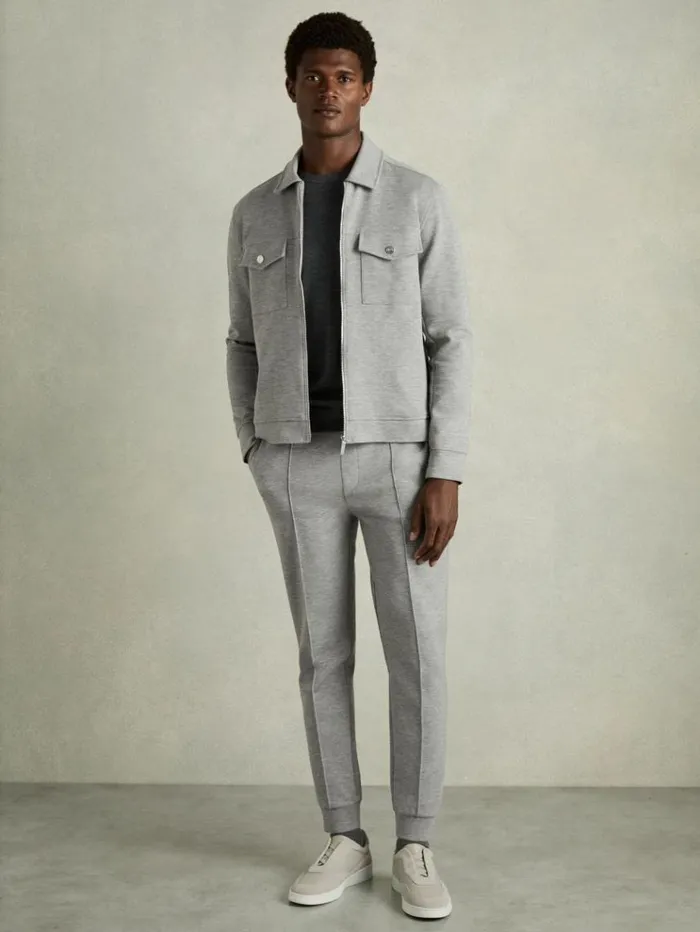 REISS Shirts Men Zipped InterlockJersey Overshirt Grey Melange