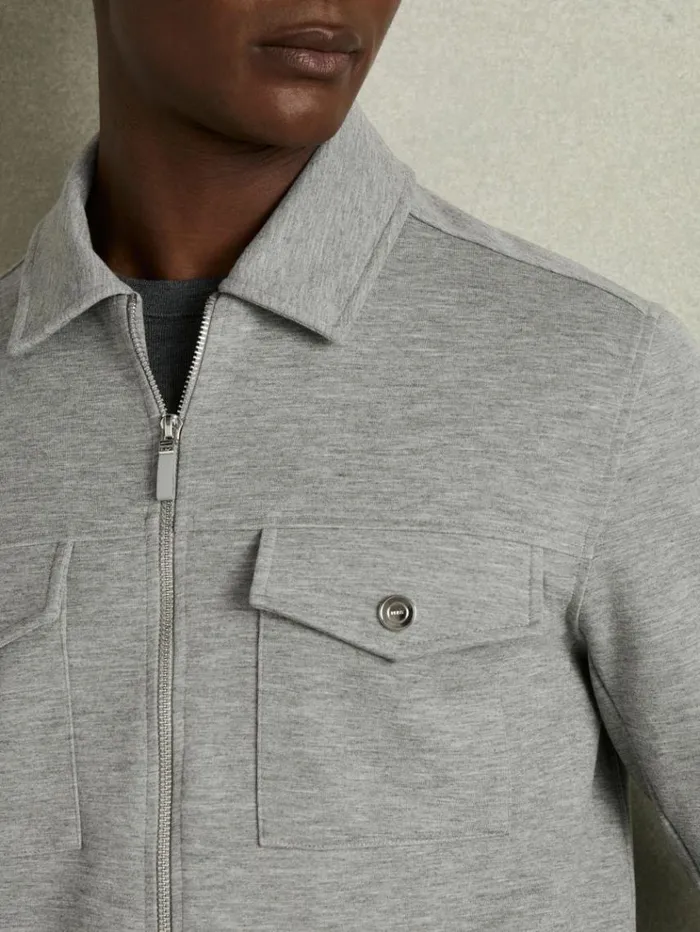 REISS Shirts Men Zipped InterlockJersey Overshirt Grey Melange