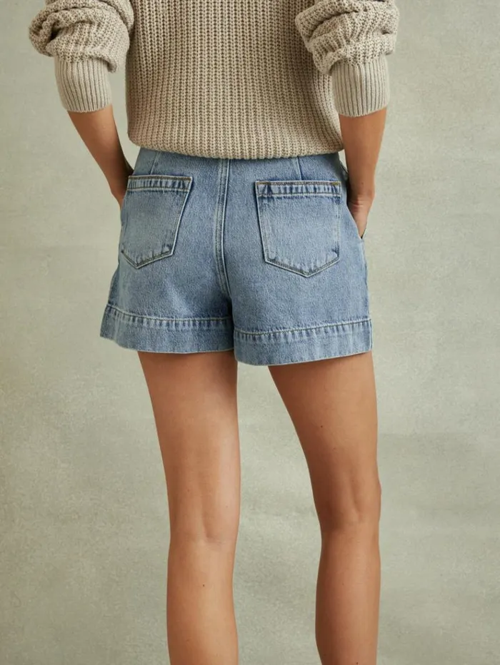 REISS Shorts Women High Rise Denim Shorts Light Blue