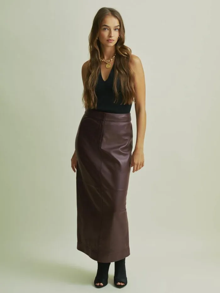 REISS Skirts Women Florere Leather Pencil Midi Skirt Berry