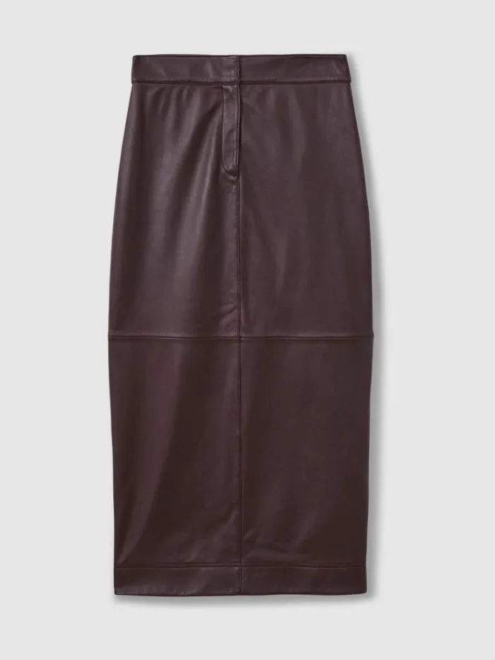 REISS Skirts Women Florere Leather Pencil Midi Skirt Berry