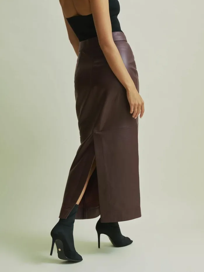REISS Skirts Women Florere Leather Pencil Midi Skirt Berry