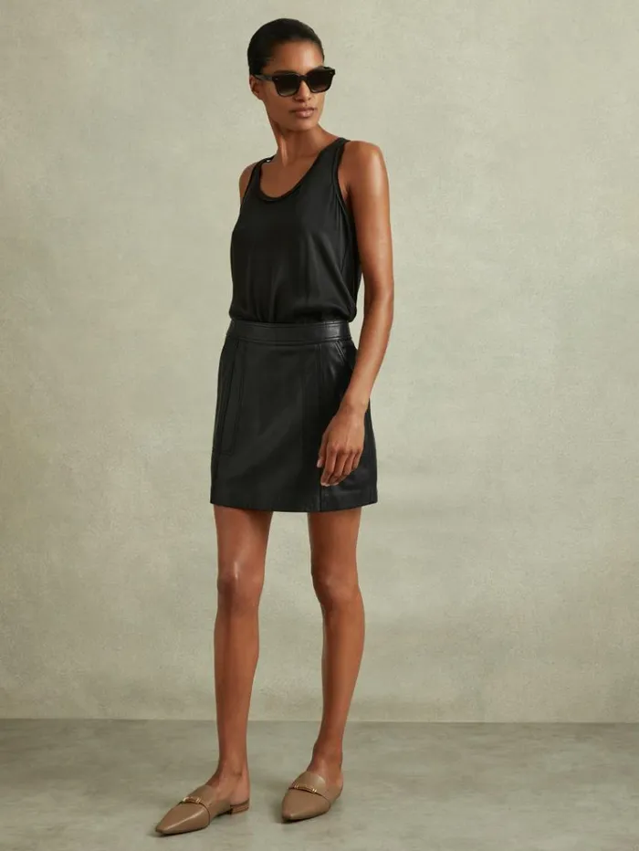 REISS Skirts Women Leather High Rise Mini Skirt Black
