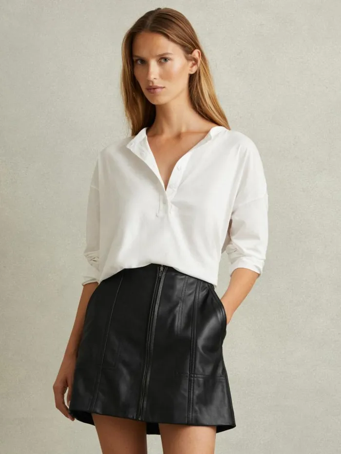 REISS Skirts Women Leather ZipFront Mini Skirt Black