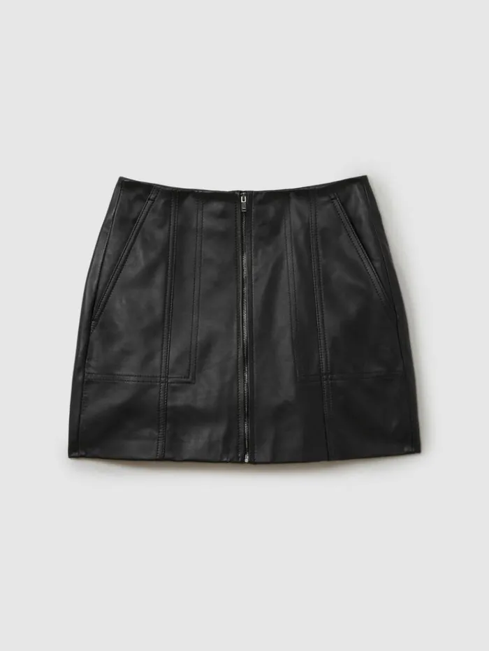 REISS Skirts Women Leather ZipFront Mini Skirt Black