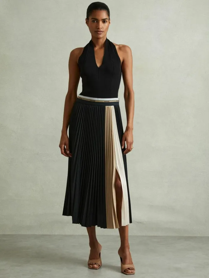REISS Skirts Women Pleated Waistband Detail Midi Skirt Black